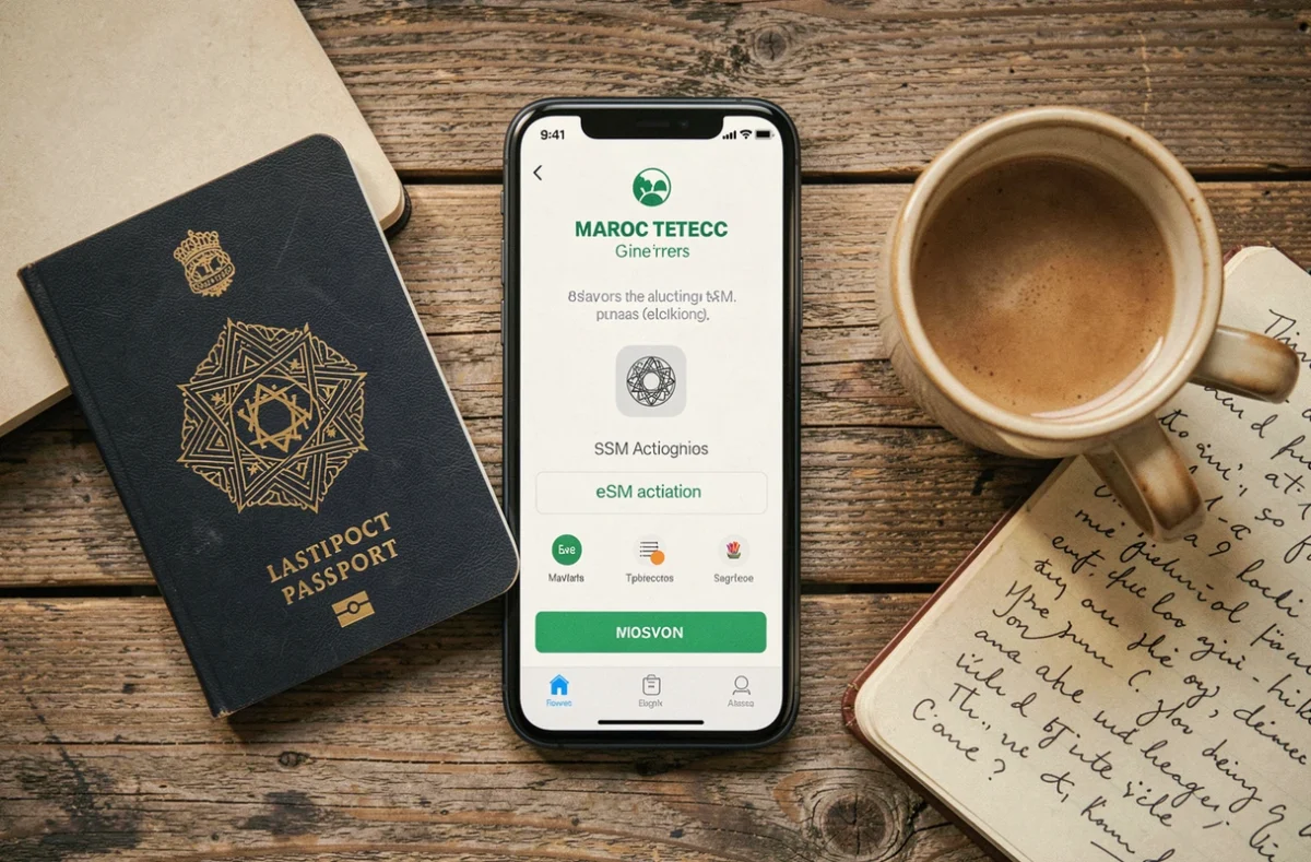 Mise en scène d'un smartphone affichant l'activation d'une eSIM Maroc Telecom avec passeport et carnet de voyage