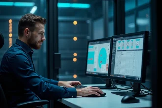 Administrateur IT gérant une stratégie de sauvegarde de disques virtuels personnels sur des postes VDI dans une salle d'opérations data center