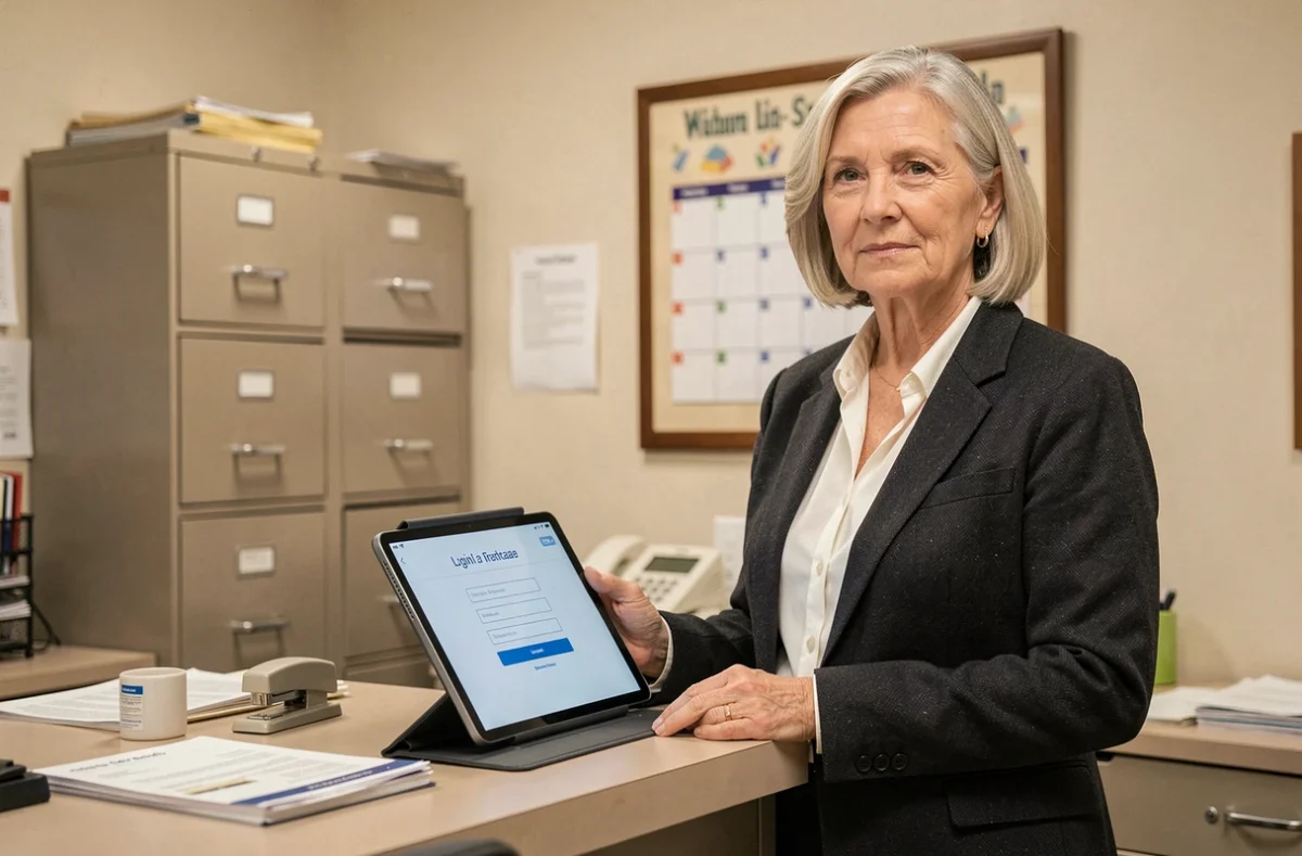 Administratrice scolaire consultant la page de connexion du webmail ac Nantes sur une tablette