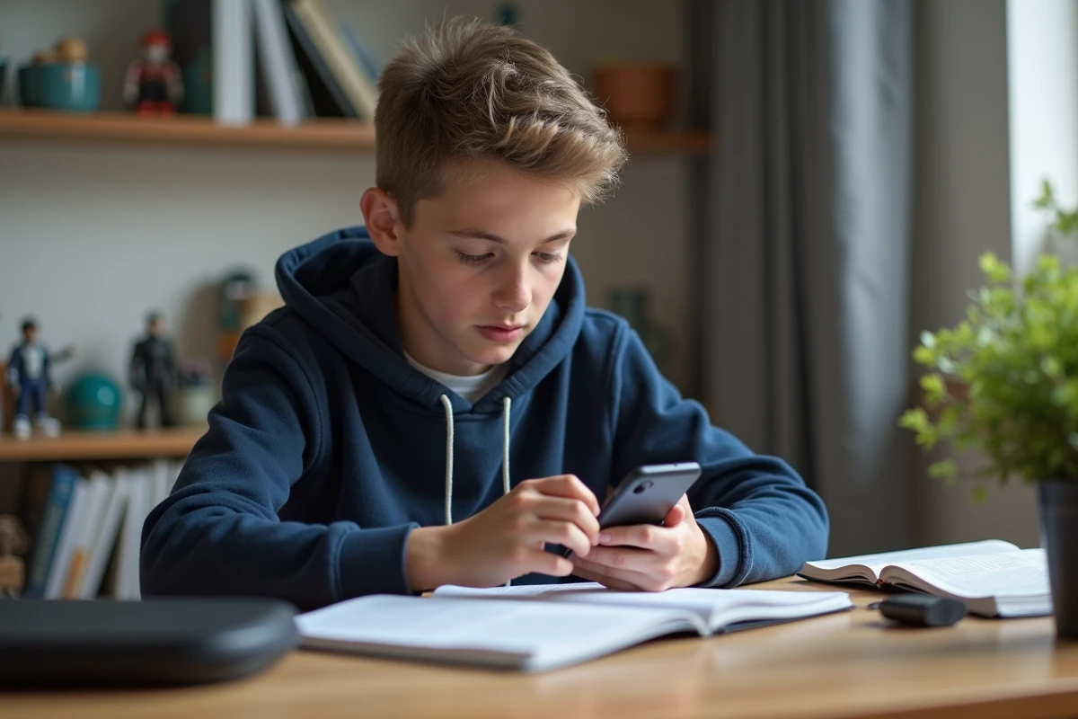 Adolescent utilisant un smartphone Xiaomi 15 pour faire ses devoirs dans une chambre moderne