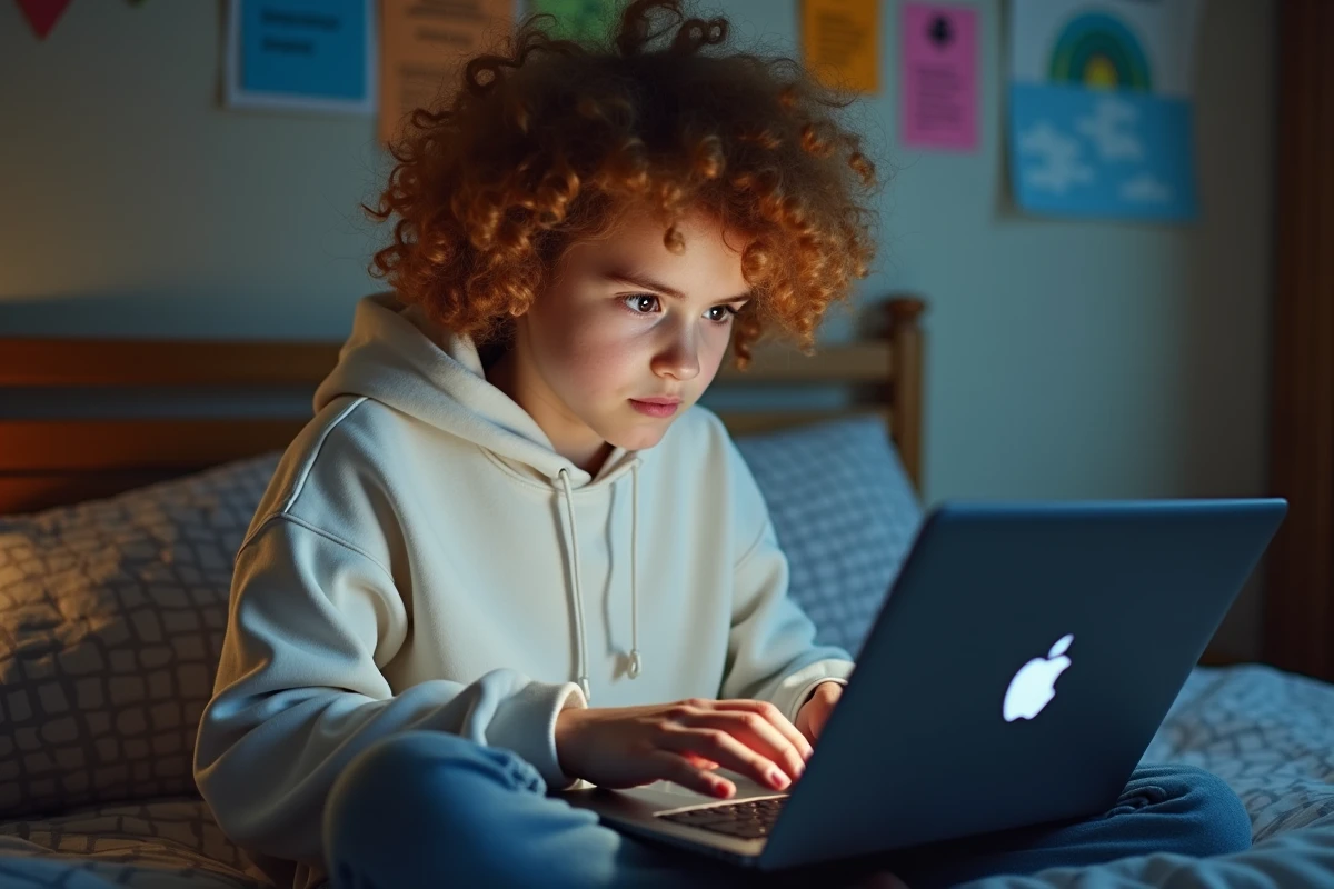 Adolescent apprenant à taper le È majuscule accent grave sur un ordinateur portable dans sa chambre