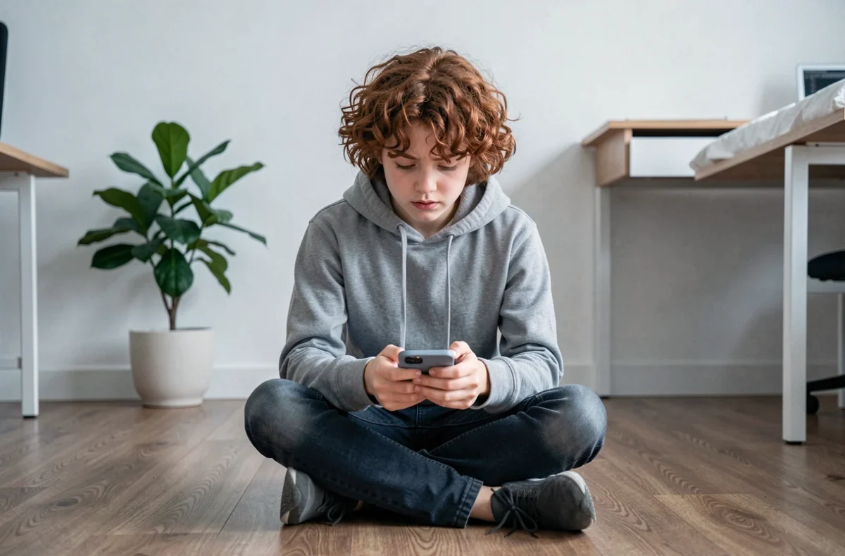 Adolescent assis par terre tapant un È majuscule accentué sur clavier virtuel de smartphone