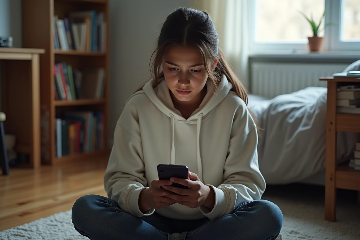 Adolescente lisant attentivement les autorisations d'une application sur son smartphone dans sa chambre, sensibilisation à la vie privée numérique