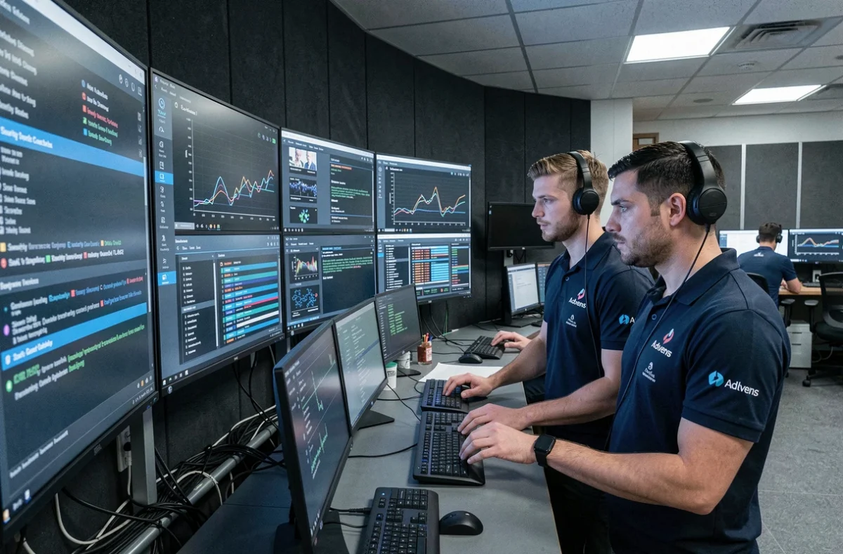 Analystes Advens surveillant des tableaux de bord de menaces en temps réel dans leur Security Operations Center