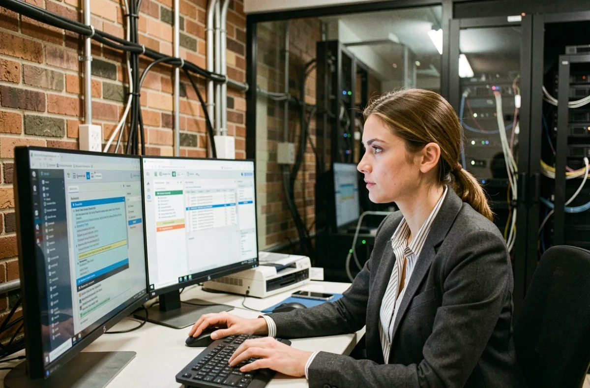 Analyste Altea IT concentrée sur des interfaces de configuration de pare-feu dans un bureau à briques apparentes