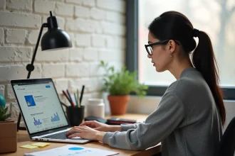 Femme analysant les résultats d'un algorithme Google sur un ordinateur portable dans un bureau moderne