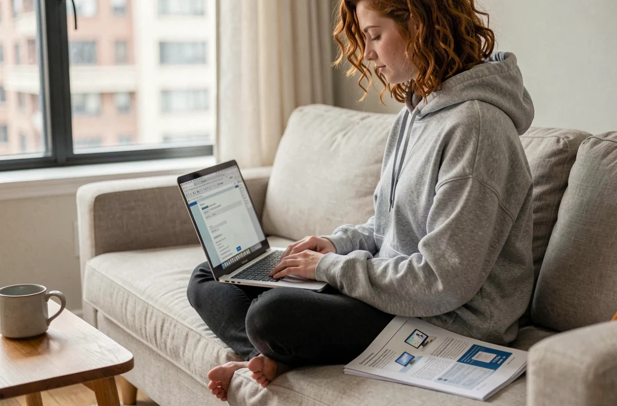 Jeune femme apprenant à rédiger des mails depuis chez elle avec un cours bureautique débutant en format PDF imprimé