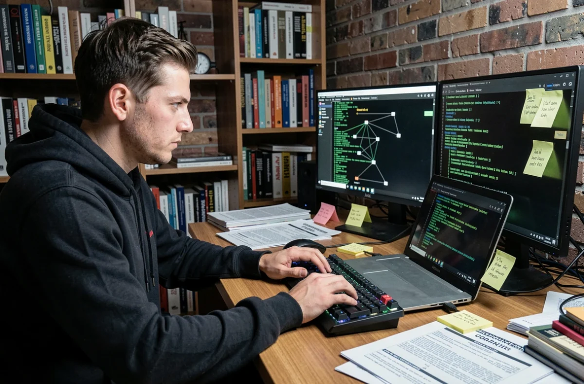 Jeune homme apprenant la cybersécurité avec Kali Linux sur un bureau à domicile
