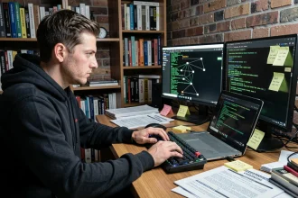 Jeune homme apprenant la cybersécurité avec Kali Linux sur un bureau à domicile