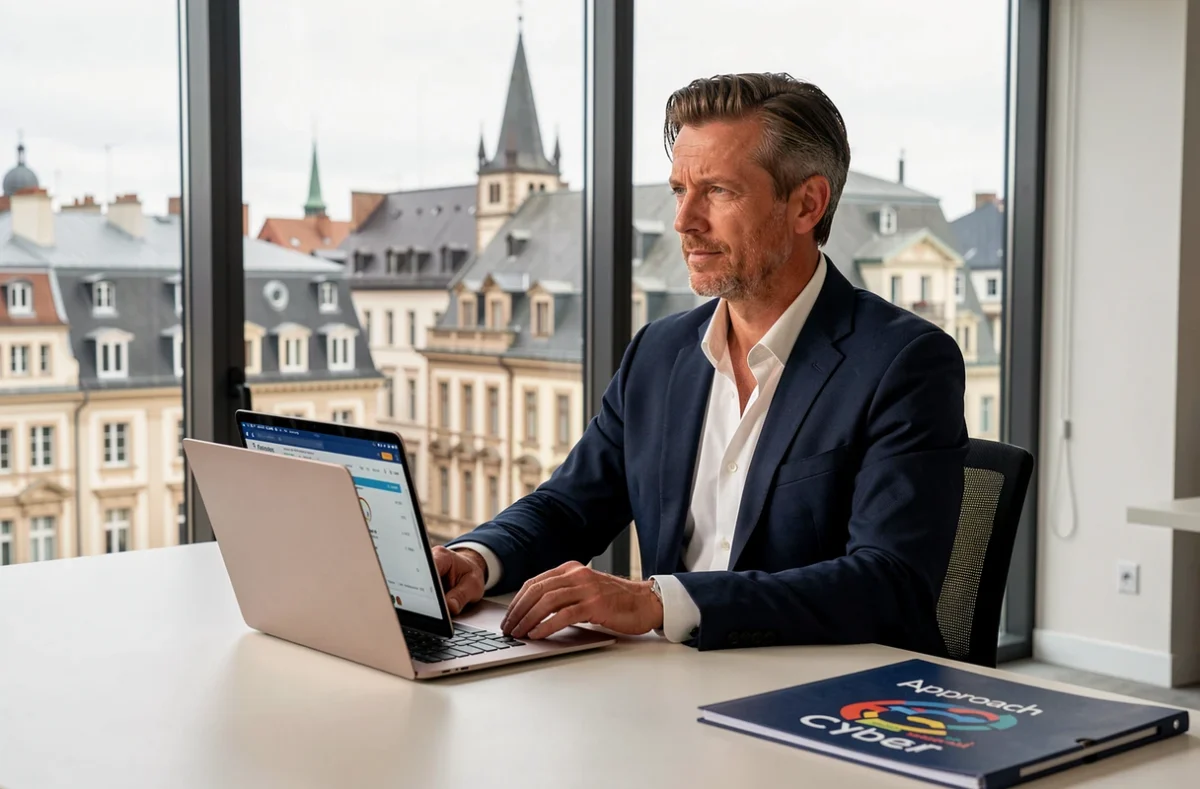 Consultant Approach Cyber analysant un rapport de vulnérabilités dans un bureau avec vue sur une ville alsacienne
