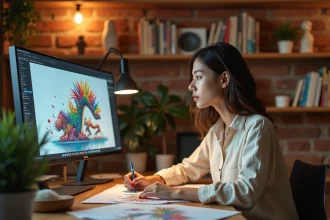 Artiste numérique travaillant avec des outils d'intelligence artificielle dans un studio créatif moderne, entourée d'œuvres générées par IA