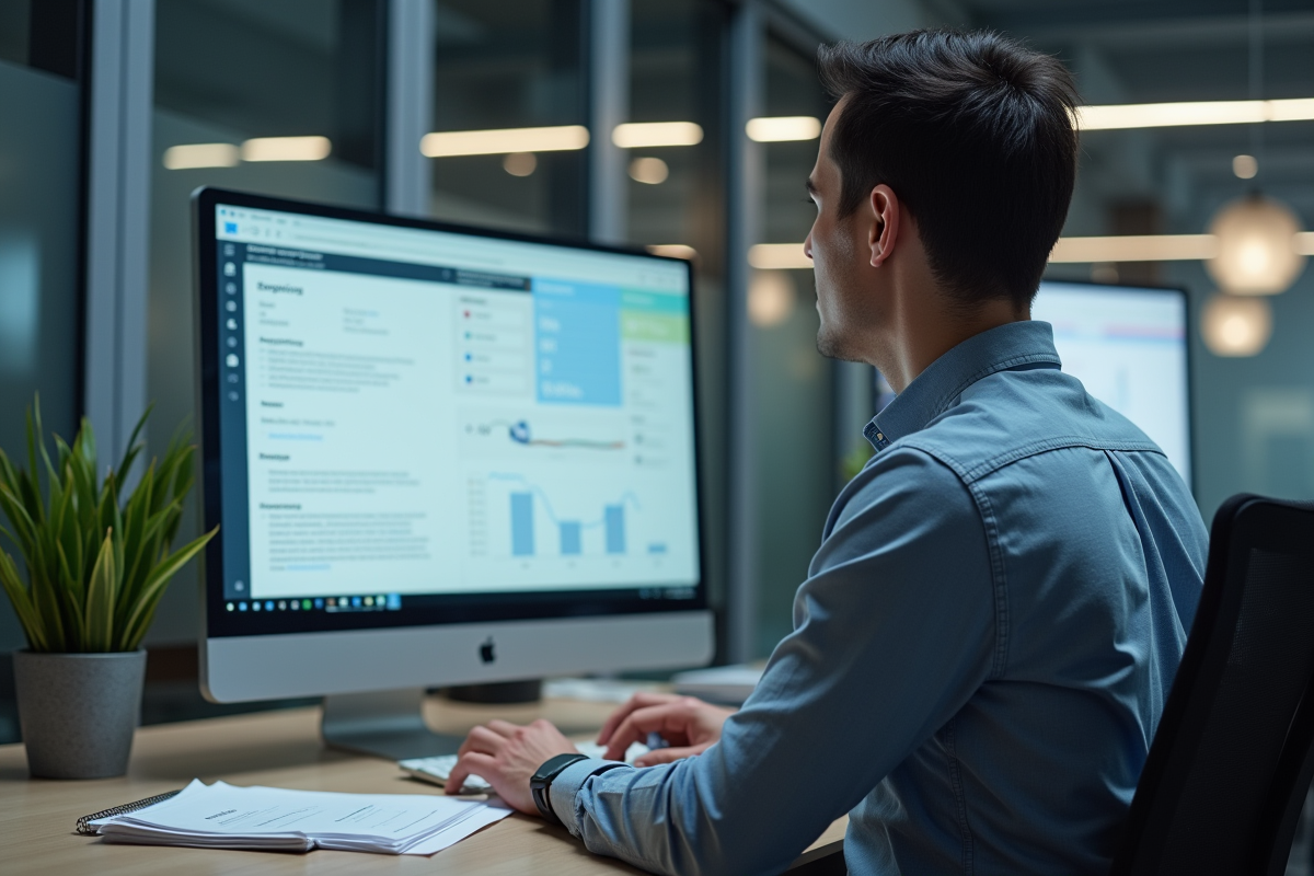 Homme d'affaires analysant un rapport d'audit web au bureau