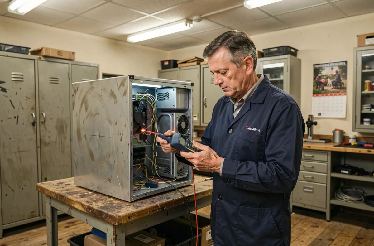 Marcel Beltran technicien EURL examinant un ordinateur de bureau avec un multimètre dans un atelier artisanal en Gironde