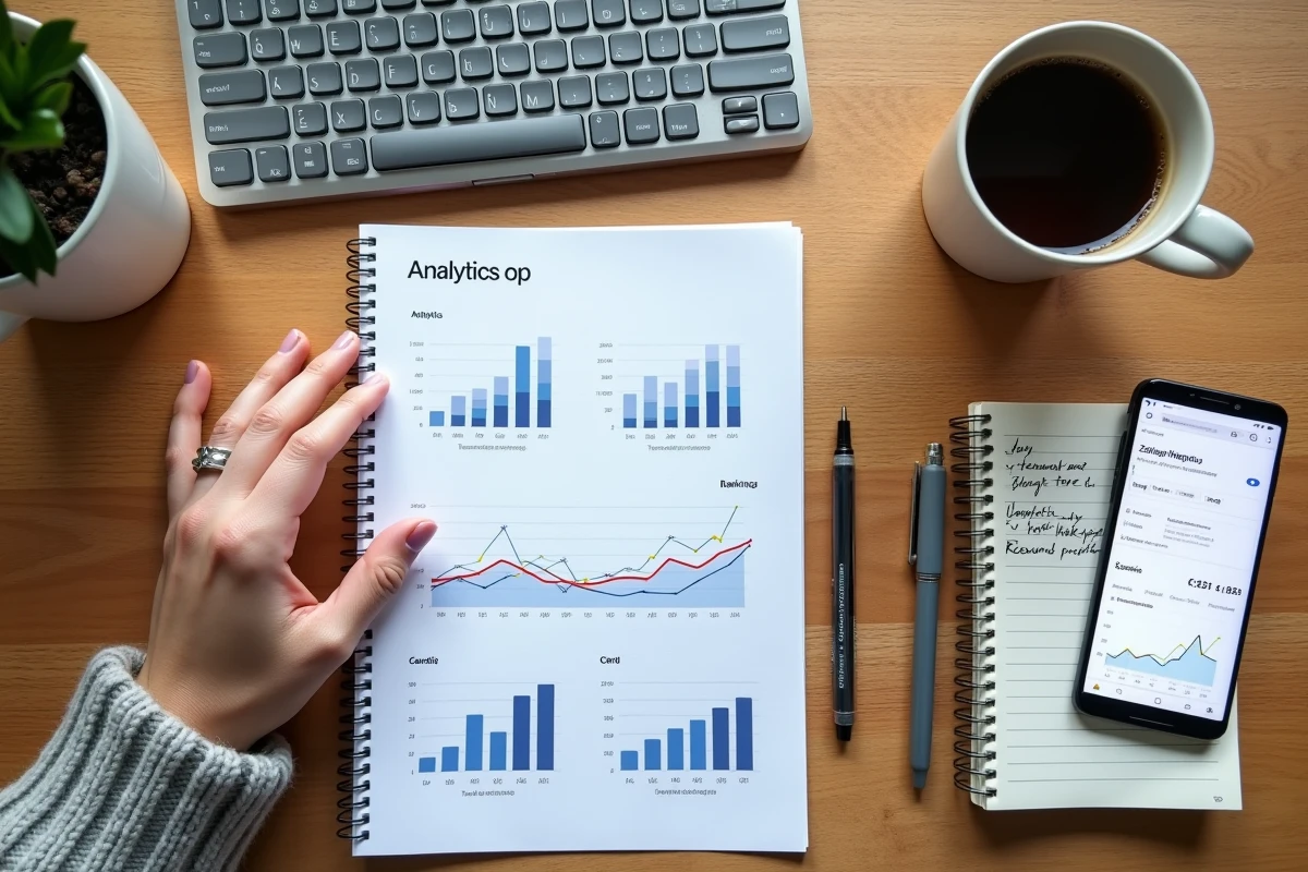 Vue aérienne d'un bureau avec rapport d'analyse SEO, clavier et notes manuscrites sur l'algorithme Google