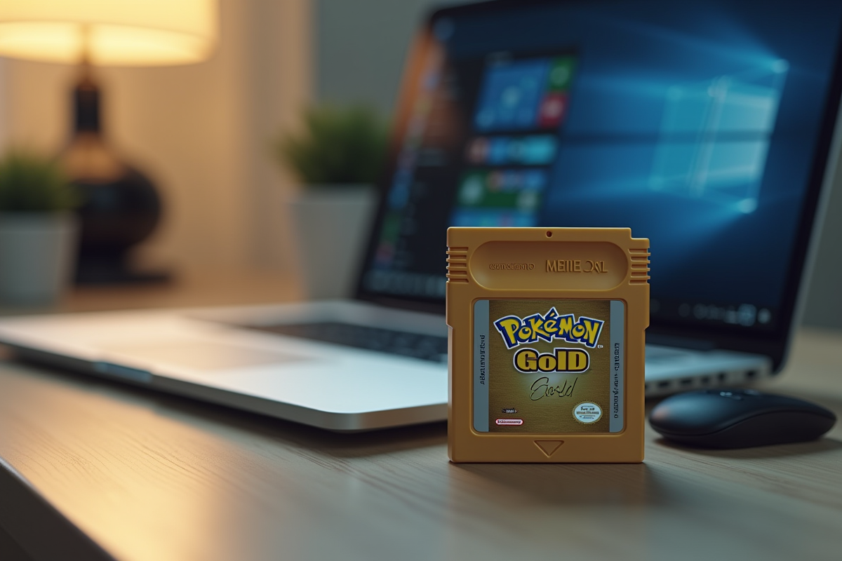 Cartouche Pokémon Gold sur un bureau avec un ordinateur moderne