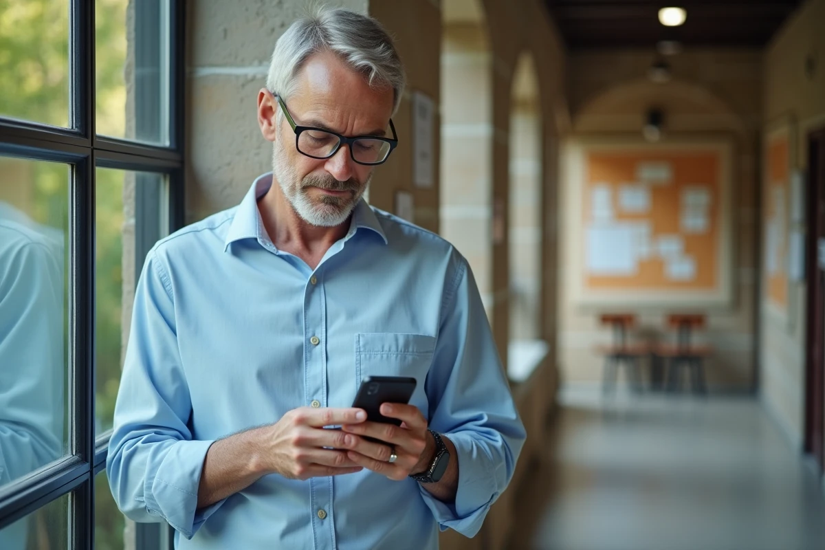 Chercheur universitaire regardant son smartphone dans le couloir
