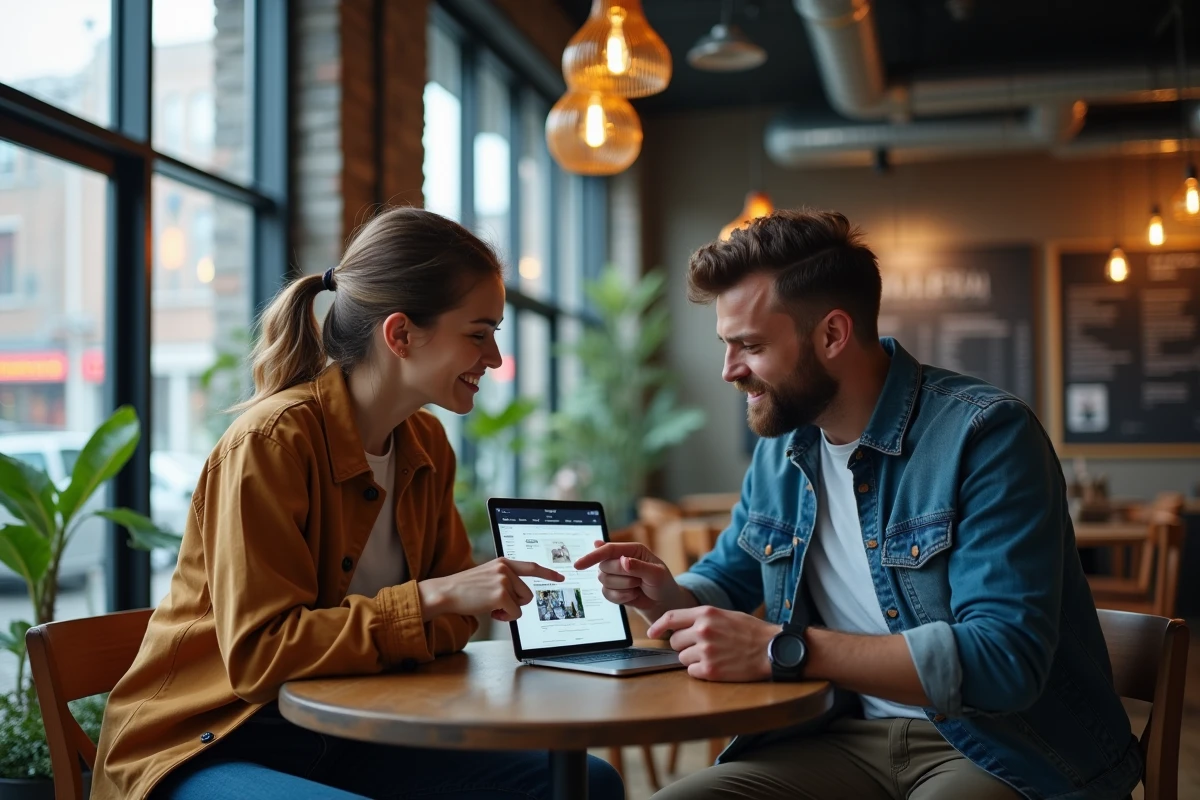 Deux artistes créatifs collaborant autour d'une plateforme de génération d'images par intelligence artificielle dans un café urbain moderne