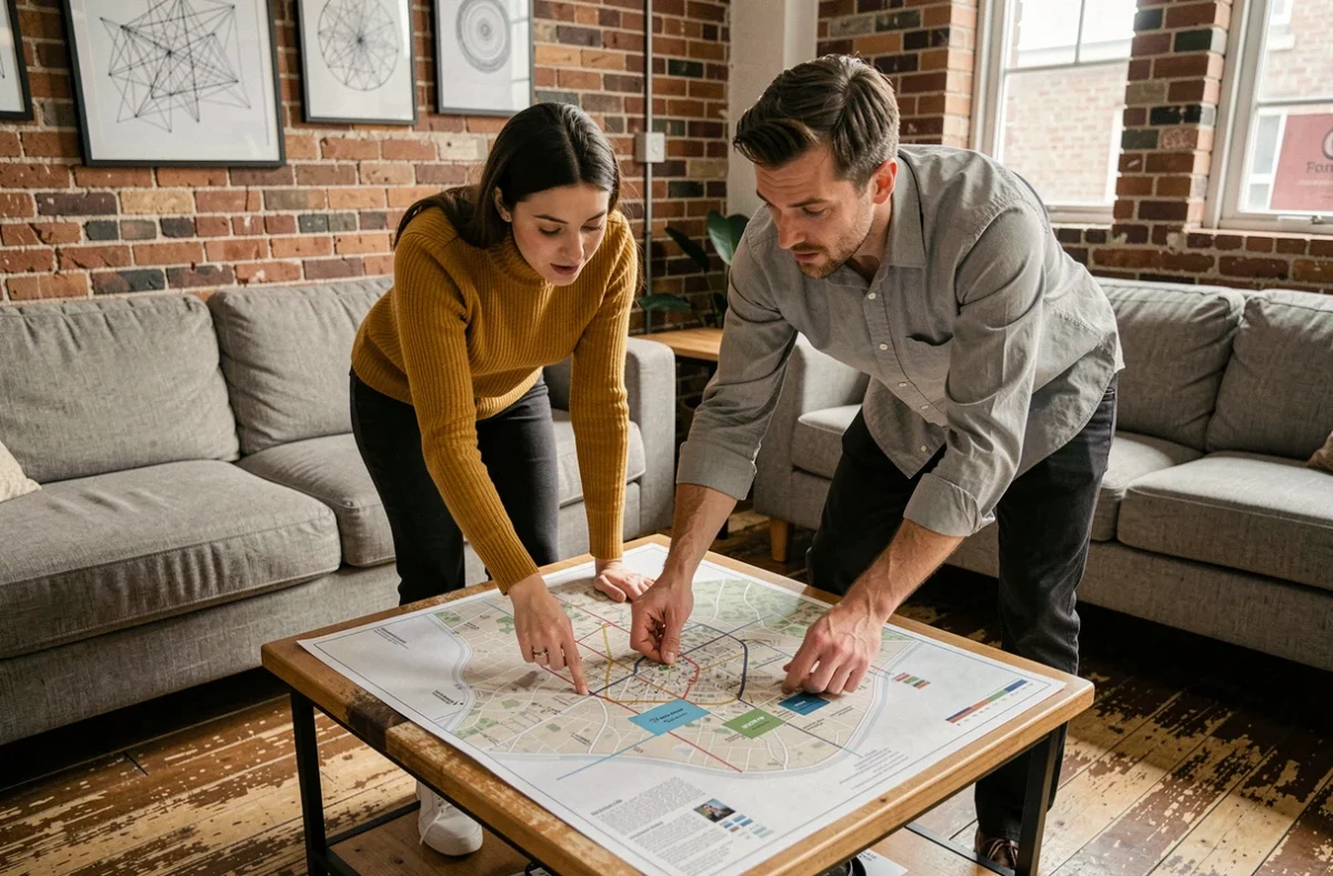 Deux collègues discutant d'une carte de fonctionnalités imprimée sur une table basse dans un espace lounge startup collaboratif