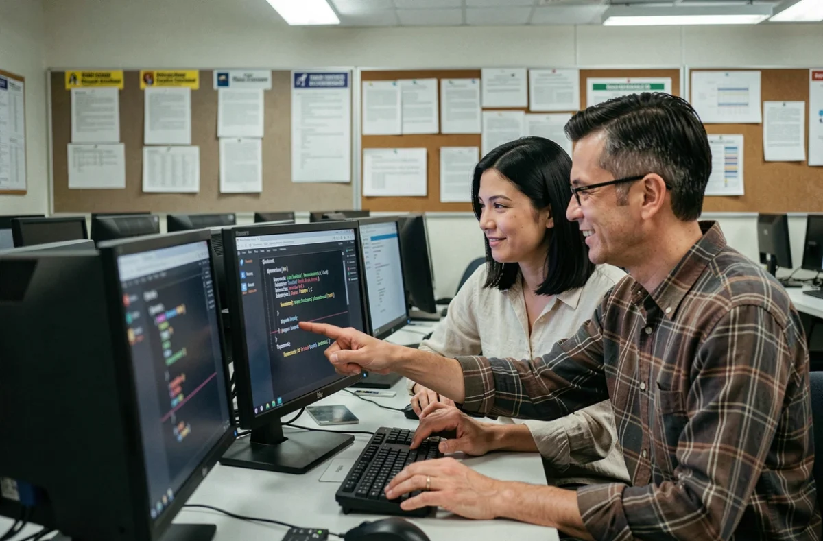 Deux développeurs collaborant sur des benchmarks de performances de boucles Python dans un laboratoire universitaire