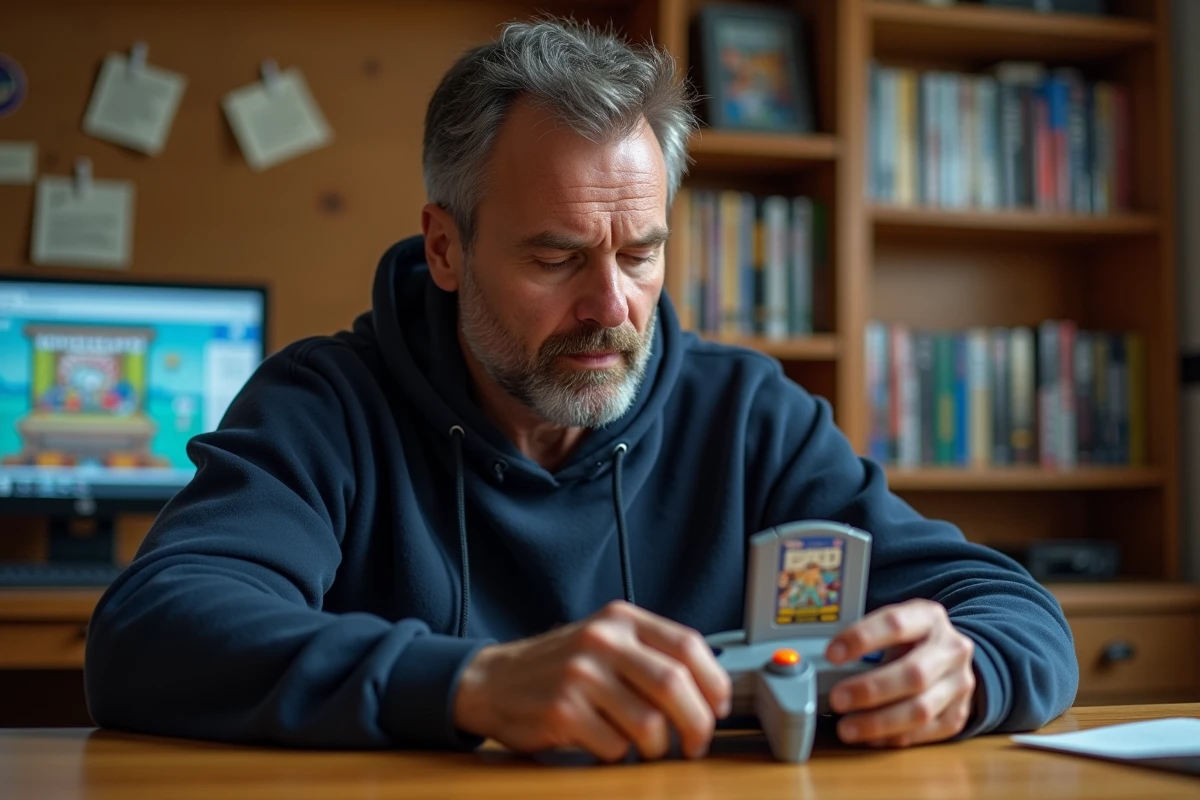 Collectionneur adulte tenant une cartouche Nintendo 64 en version française dans un bureau rétro gaming