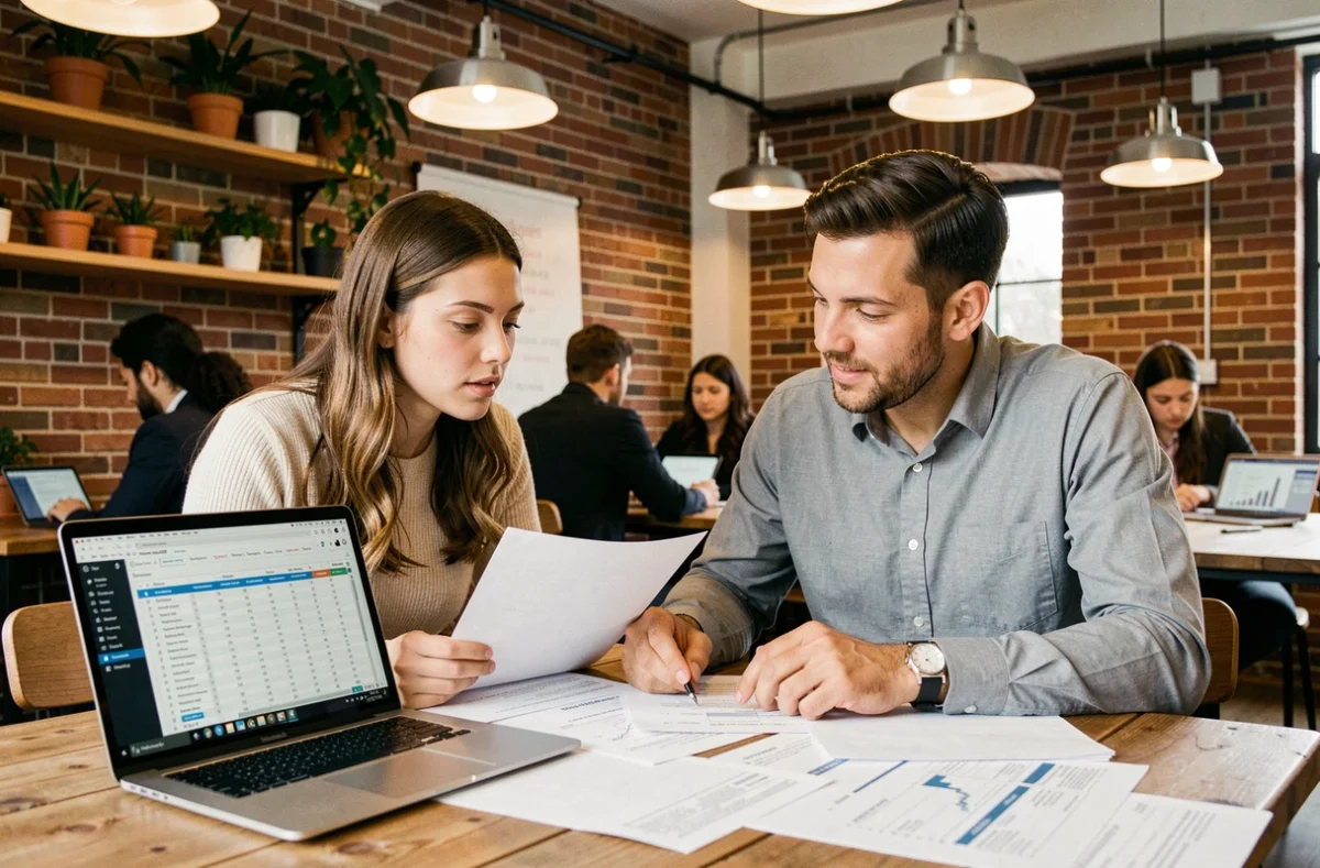 Deux collègues analysant ensemble la documentation d'une solution open source face à un logiciel propriétaire dans un espace de coworking