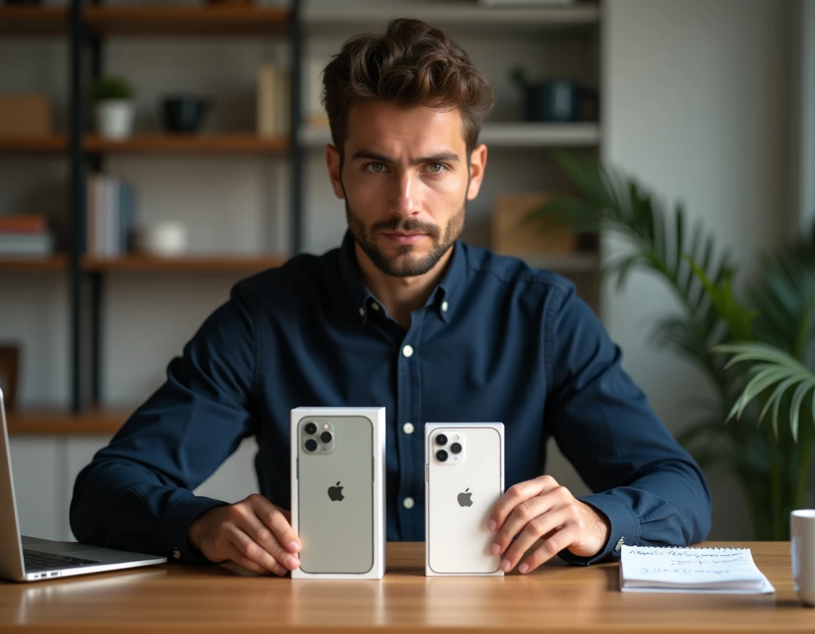 Homme comparant deux boîtes d'iPhone 14 sur un bureau avant un achat en ligne