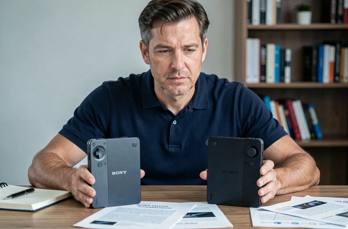 Homme comparant deux consoles portables Sony côte à côte sur un bureau à domicile lors d'un test produit