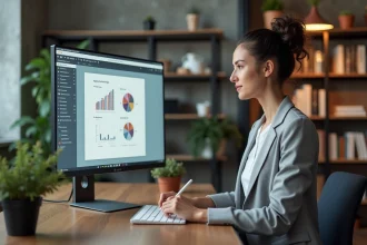 Professionnelle comparant des agences de création de sites internet sur son ordinateur dans un bureau moderne