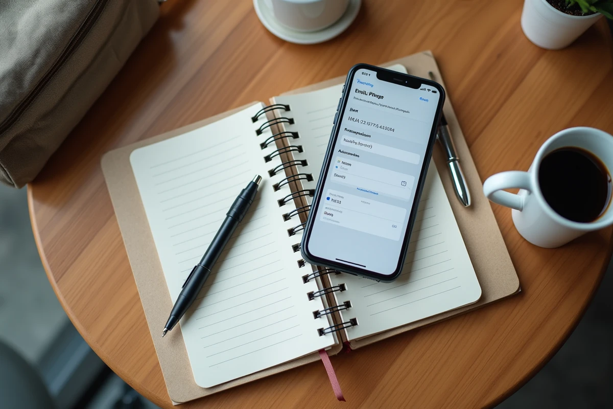 Smartphone affichant la configuration IMAP du webmail académique posé sur une table avec un carnet et un café