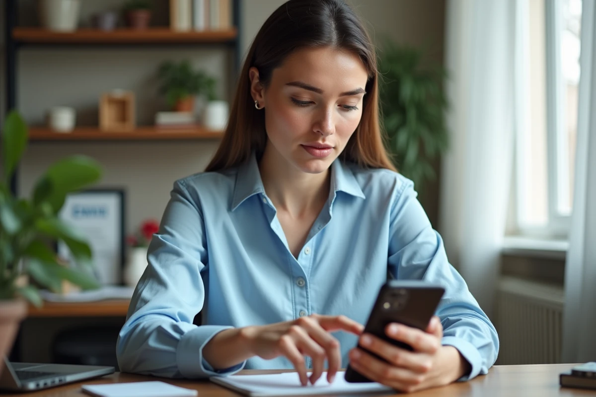 Femme configurant sa messagerie académique sur smartphone dans un bureau à domicile
