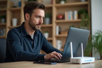 Homme configurant les paramètres Wi-Fi de sa Freebox sur un ordinateur portable dans un bureau à domicile moderne