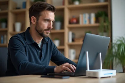 Homme configurant les paramètres Wi-Fi de sa Freebox sur un ordinateur portable dans un bureau à domicile moderne