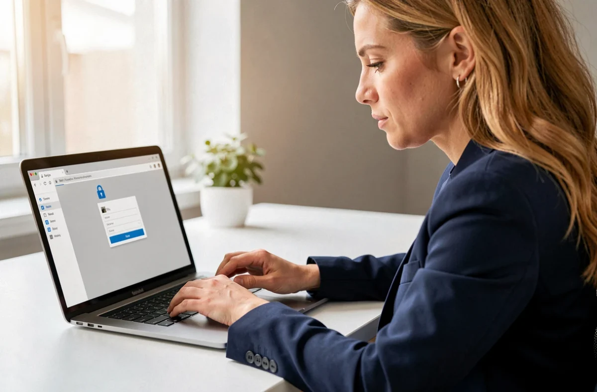 Femme consultant les paramètres de sécurité de sa messagerie Laposte.net sur un ordinateur portable dans un bureau à domicile