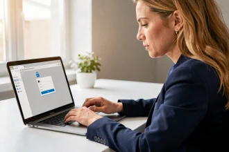Femme consultant les paramètres de sécurité de sa messagerie Laposte.net sur un ordinateur portable dans un bureau à domicile