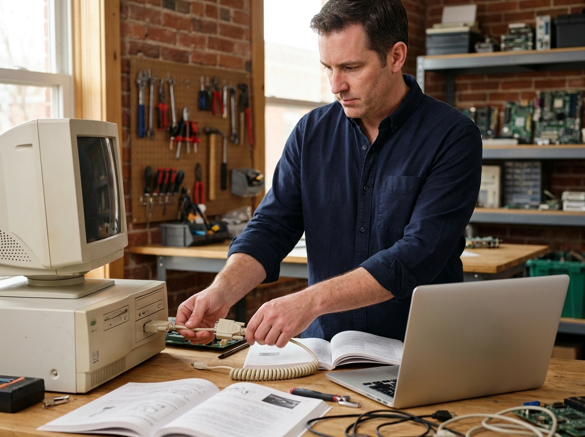 Technicien connectant un ancien ordinateur de bureau des années 90 à un ordinateur portable moderne via un adaptateur USB-série dans un atelier high-tech