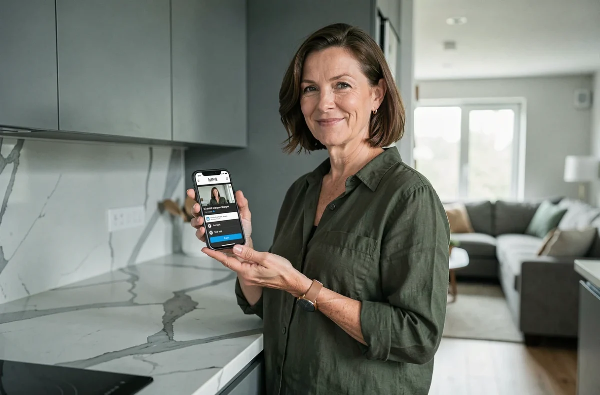 Femme convertissant une vidéo en ligne au format MP4 depuis son smartphone dans une cuisine moderne