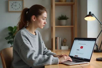 Jeune femme convertissant une vidéo YouTube en MP3 ou MP4 avec un outil en ligne sur son ordinateur portable dans un bureau minimaliste