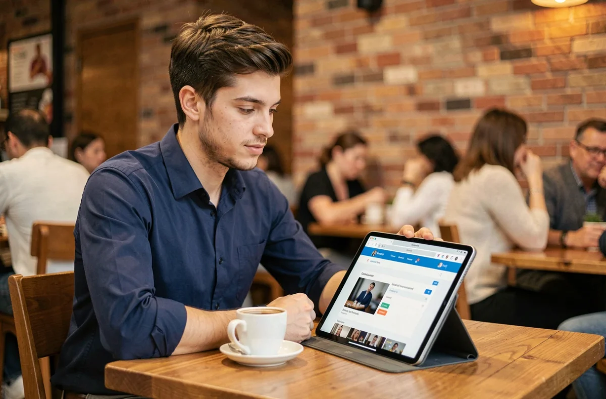 Jeune homme convertissant une vidéo au format MP4 en ligne depuis une tablette dans un café urbain