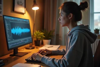 Jeune femme convertissant une vidéo YouTube en fichier WAV sur son ordinateur portable dans un bureau à domicile