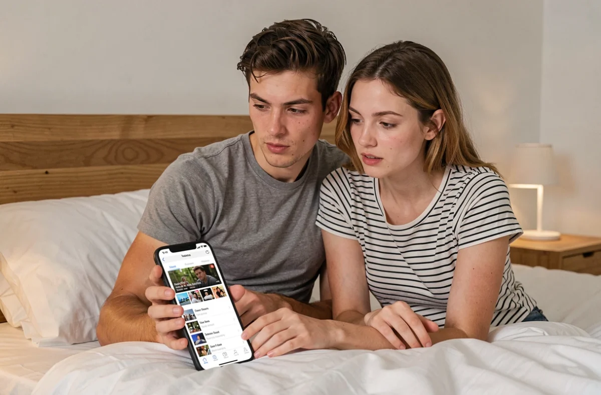 Couple regardant une application TV gratuite sur smartphone dans une chambre à coucher minimaliste