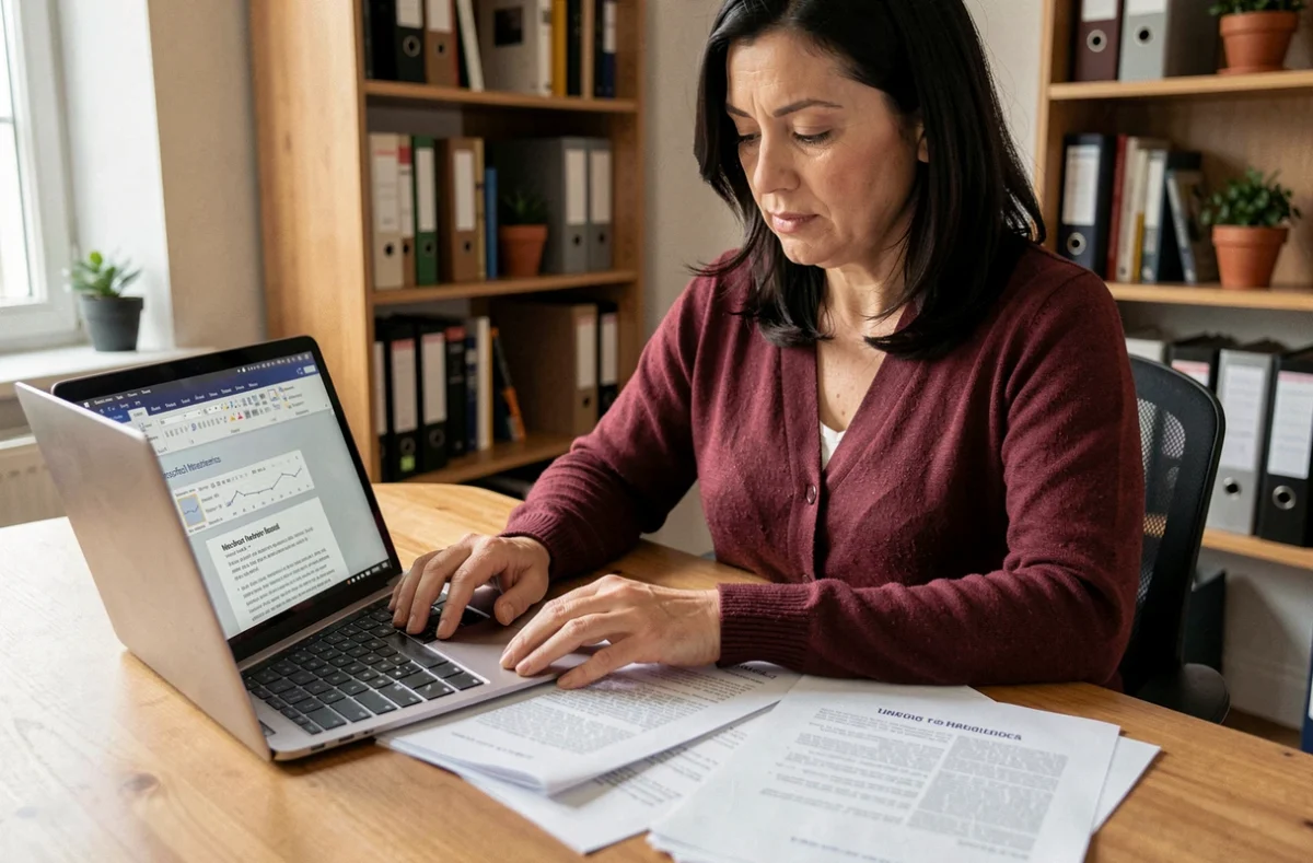 Femme adulte apprenant l'informatique bureautique avec des documents PDF imprimés et un ordinateur portable affichant Word