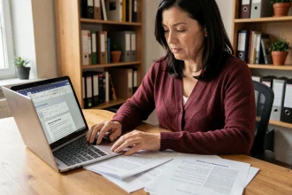Femme adulte apprenant l'informatique bureautique avec des documents PDF imprimés et un ordinateur portable affichant Word