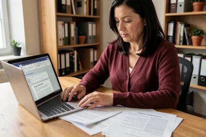 Femme adulte apprenant l'informatique bureautique avec des documents PDF imprimés et un ordinateur portable affichant Word