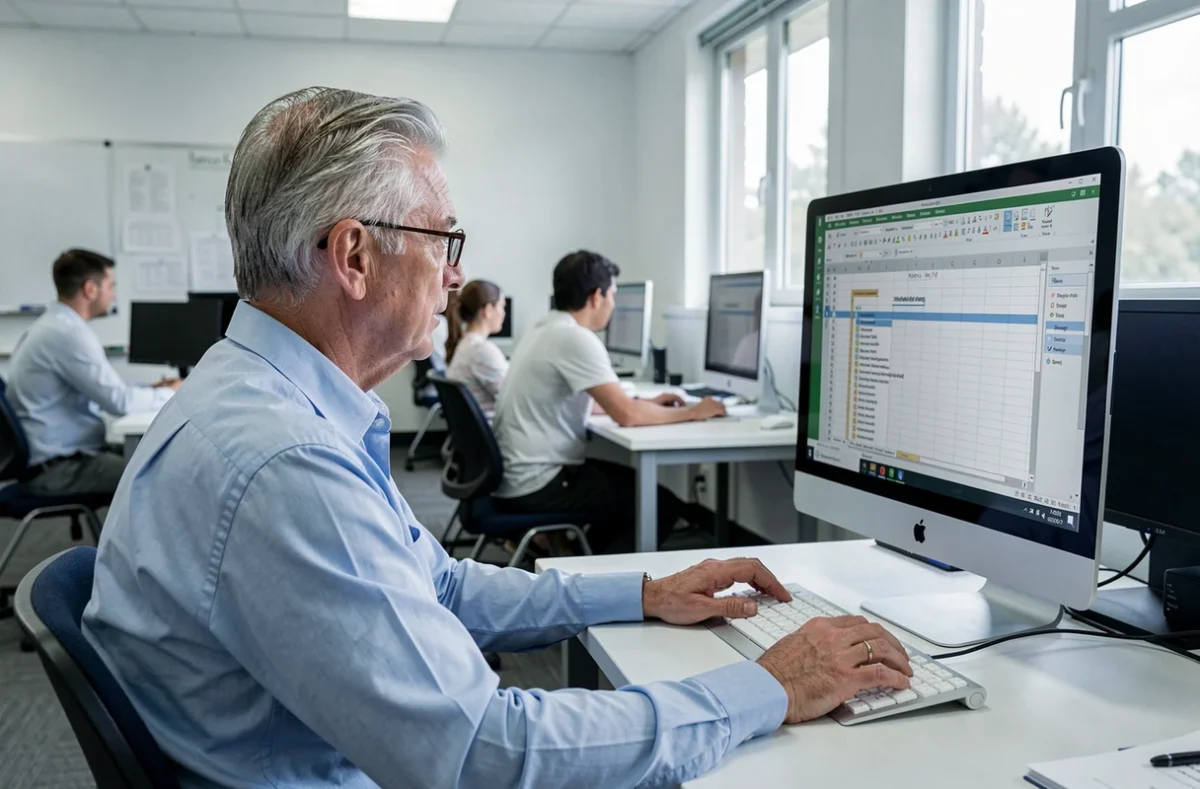 Homme senior participant à un cours d'informatique débutant sur Excel dans un espace de formation avec des ordinateurs