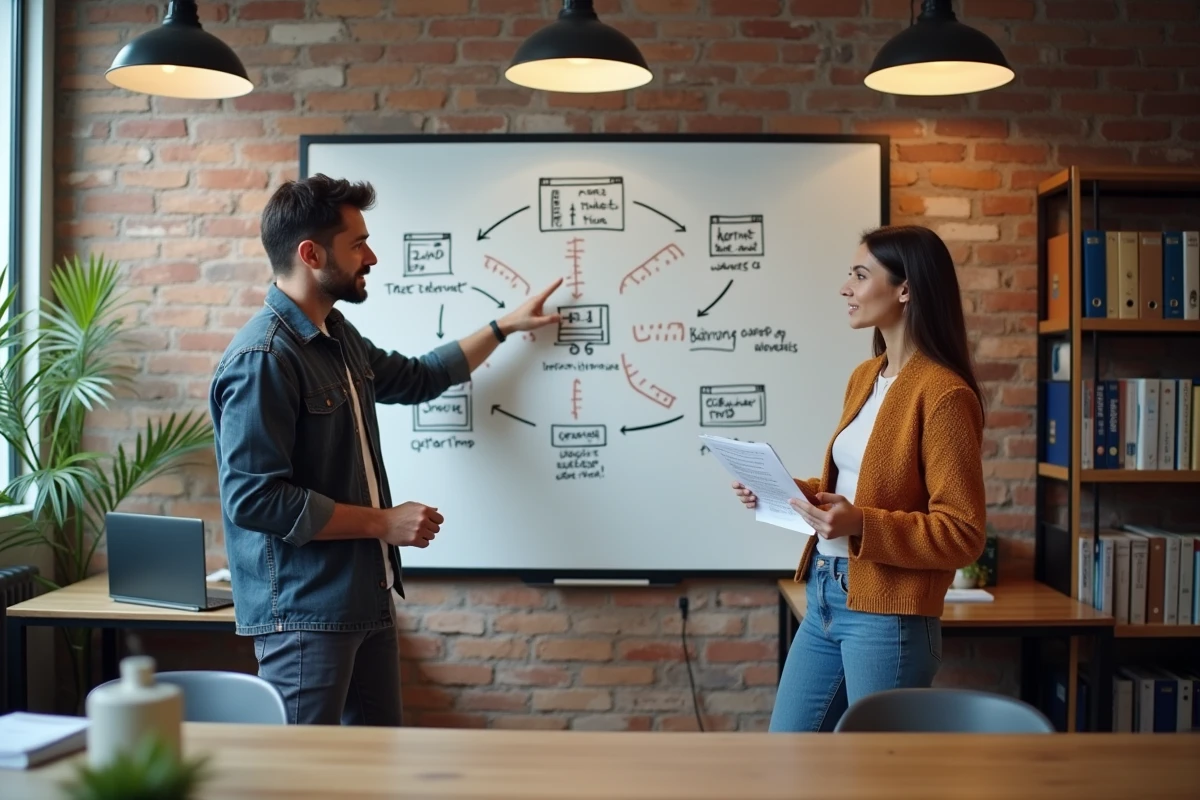 Deux personnes devant un tableau blanc expliquant la différence entre internet et le web dans un espace de coworking
