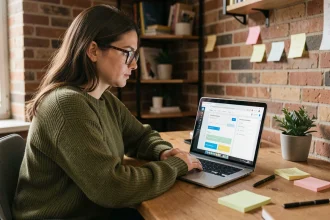 Femme entrepreneur travaillant sur un site internet pas cher avec un outil de création web sur ordinateur portable dans un bureau à domicile