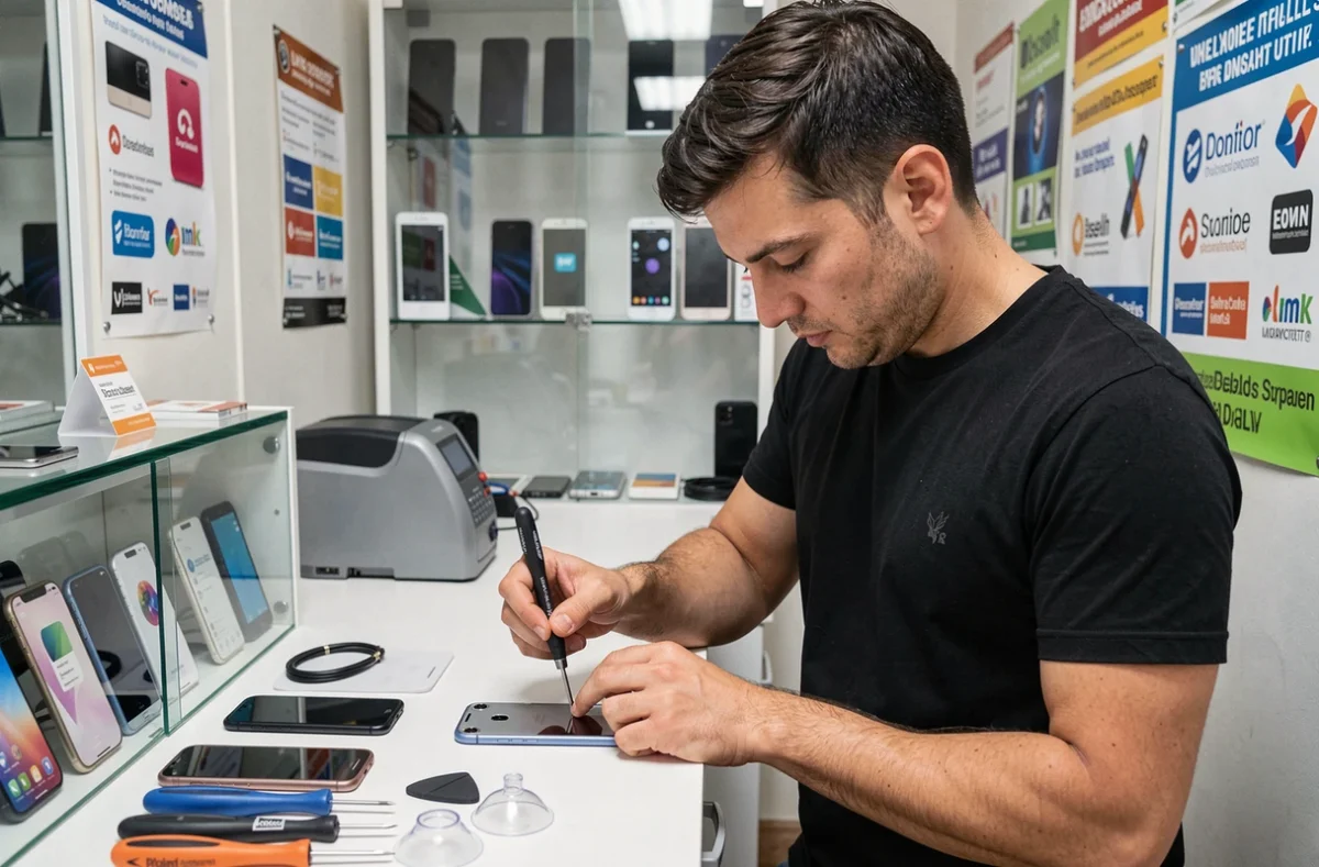 Technicien Débloque Tous Mobiles ouvrant un smartphone avec des outils de précision dans une boutique de réparation