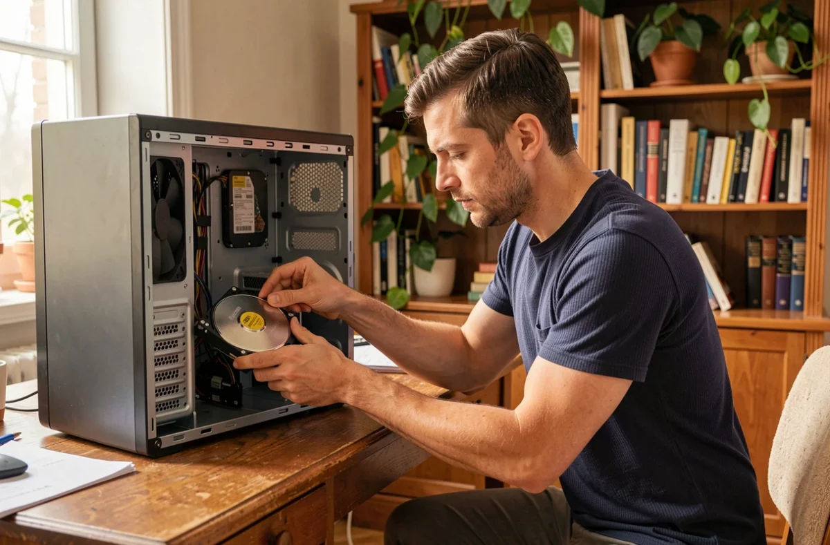 Technicien Dépanordi remplaçant un disque dur dans un ordinateur de bureau chez un particulier en Gironde