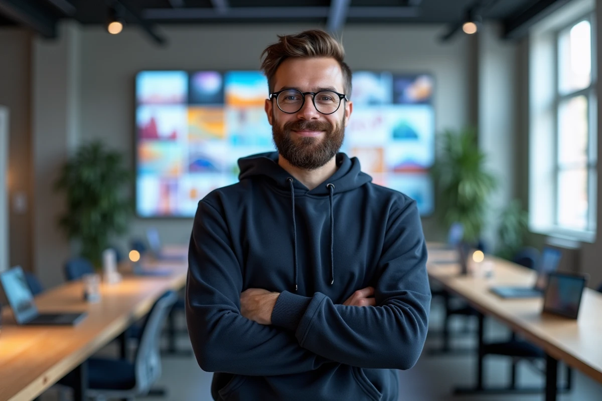 Artiste et designer professionnel découvrant des créations générées par intelligence artificielle affichées sur un grand écran dans un espace de travail collaboratif