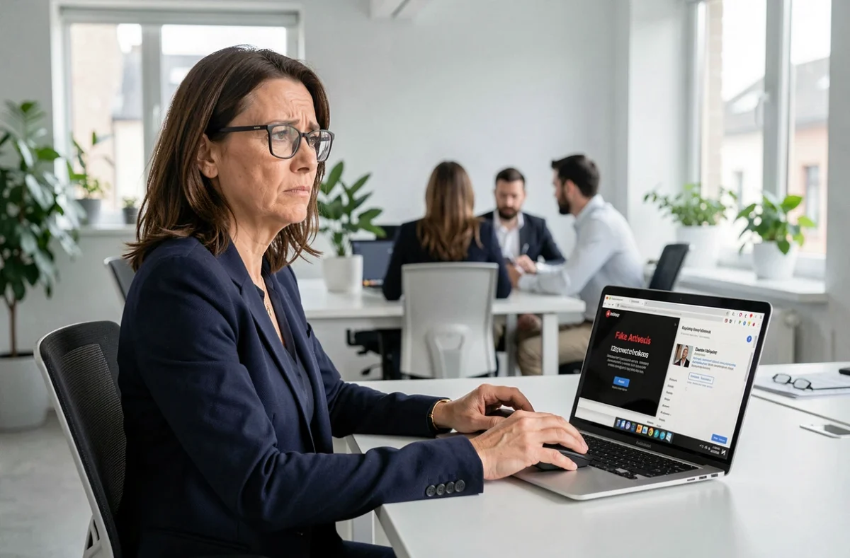 Femme en bureau professionnel identifiant un faux avertissement antivirus lors d'un téléchargement sur réseau P2P
